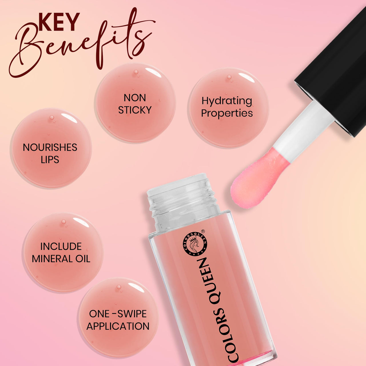 Colors Queen Lip Therapy Glossy Lip Gloss | Nourishing & Hydrating Formula| Lightweight, Highly Pigmented and One Swipe Application | Non Sticky Lip Gloss with Extra Large Applicator (01 - Strawberry, 4.8ml)