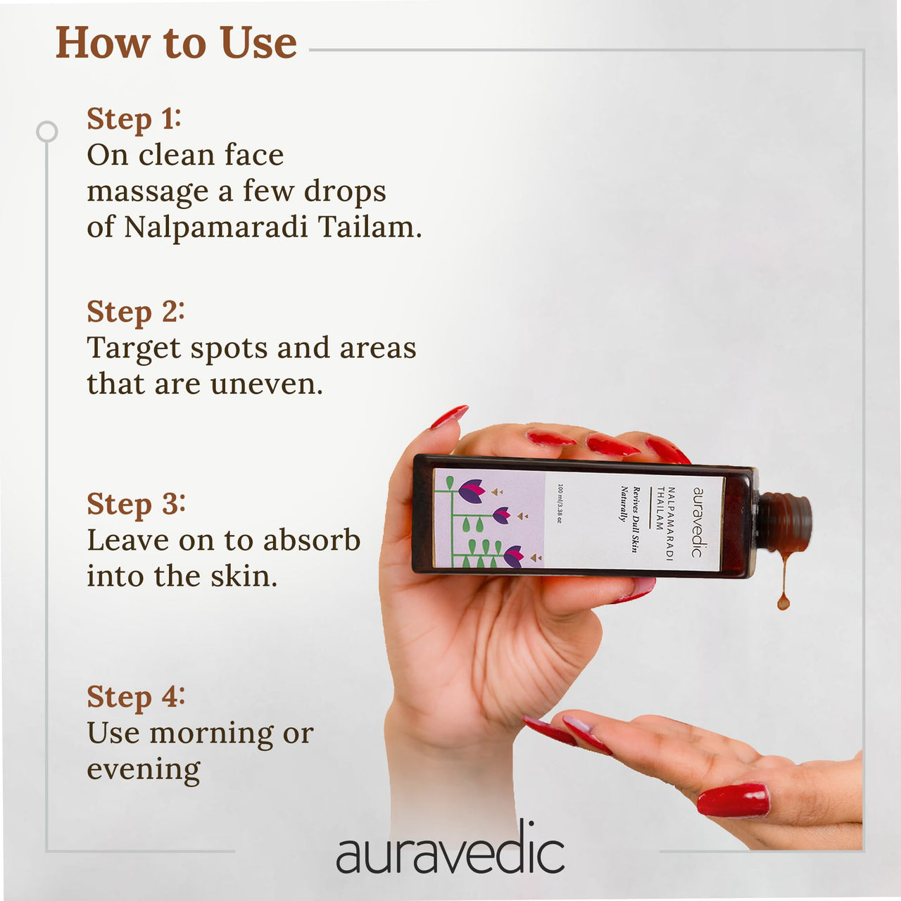 Auravedic Nalpamaradi Thailam for face Nalpamaradi Skin Brightening oil Face oil For Glowing Skin 100 ml Nalpamaradi oil for face body oil after bath for daily use DeTan For Men Women