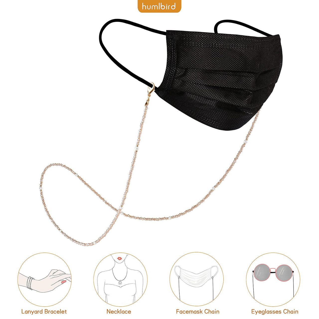 humlbird Mask Lanyard Eye Glasses String Holder Healing Crystal Beaded Eyeglass Necklace Chains with Pearl for Women Yellow