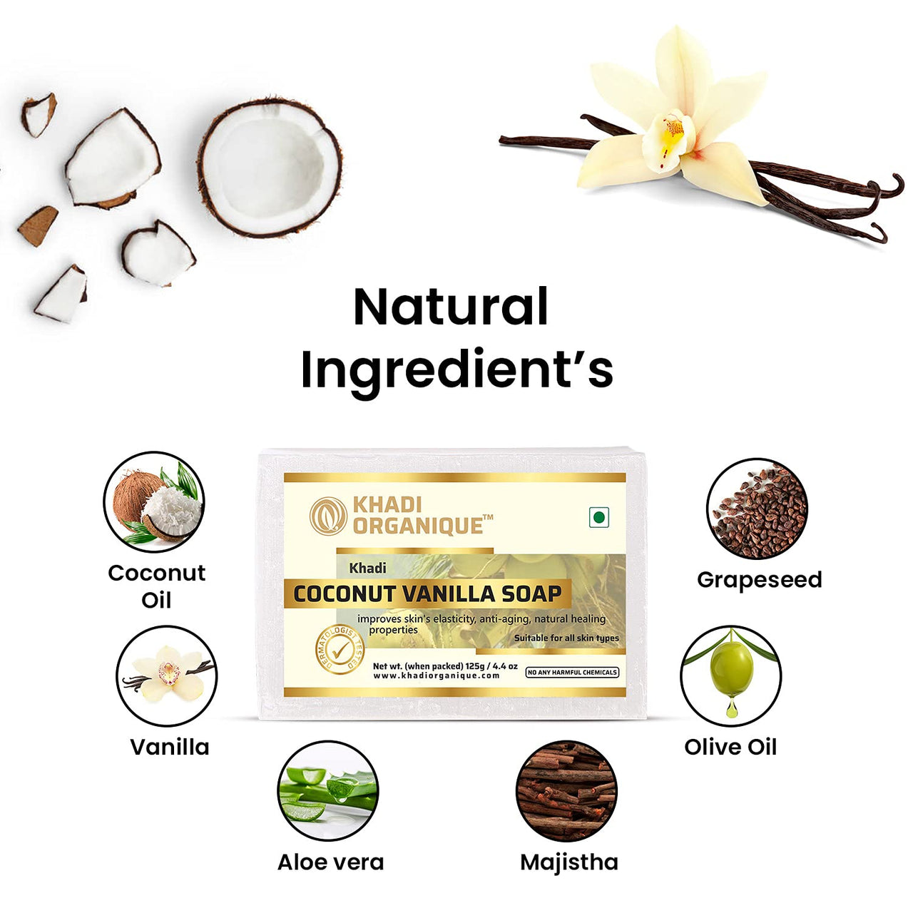 Khadi Organique Pure Natural Herbal & Handmade Coconut Vanilla Soap Combo Kit Pack of 4 500 gm