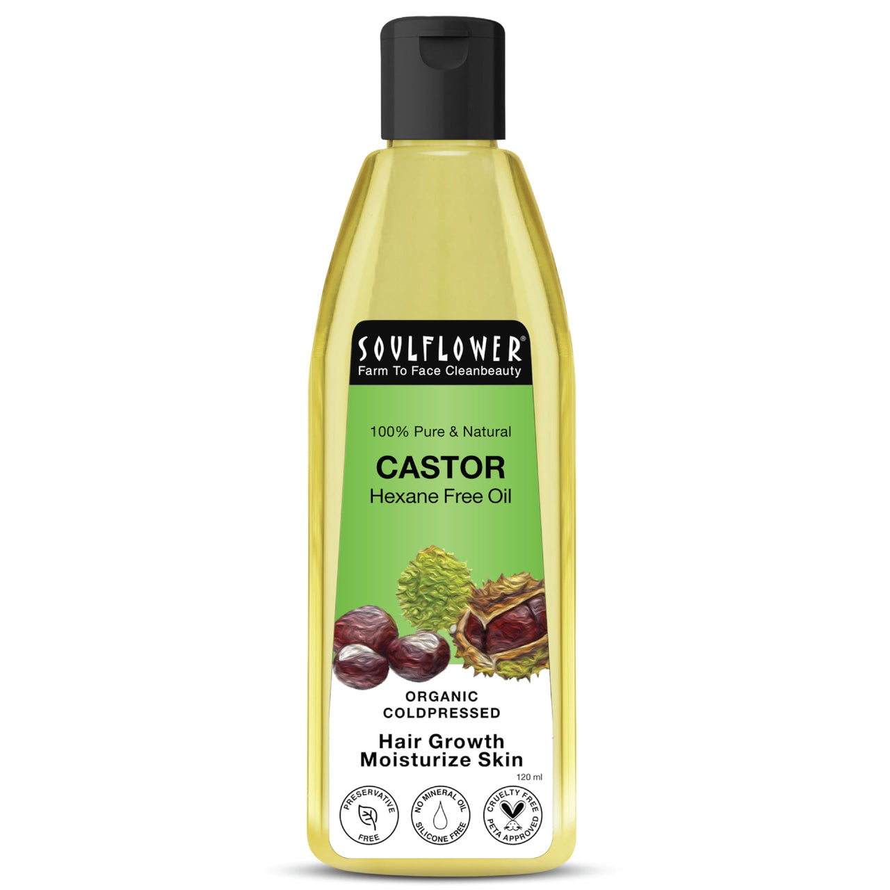 Soulflower Castor Oil for Hair & Skin, Clinically Proven Hair Oil for Hair Growth, Anti Hair Fall, Skin Hydration & Split End Repair | 100% Pure, Ecocert Organic Certified, Natural, 120ml