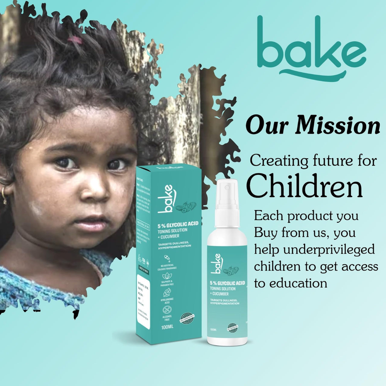 BAKE 5% Glycolic Acid Toner with Hyaluronic Acid for Pigmentation, Tan Removal & Pore Tightening | For Combination skin, Oily, Acne Prone skin | Glowing & Brightening Skin | 100ml