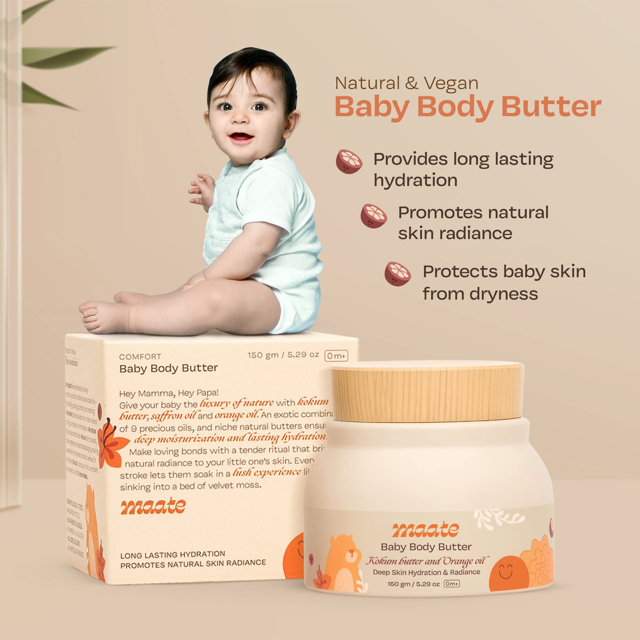 Maate Baby Body Butter (150 gm) | Enriched with Pure Kokum Butter, Shea Butter, Orange & Saffron Oil | Baby Cream For Face, Skin & Body | Baby Body Butter For Kids 0-12 years | Baby Moisturizer Cream