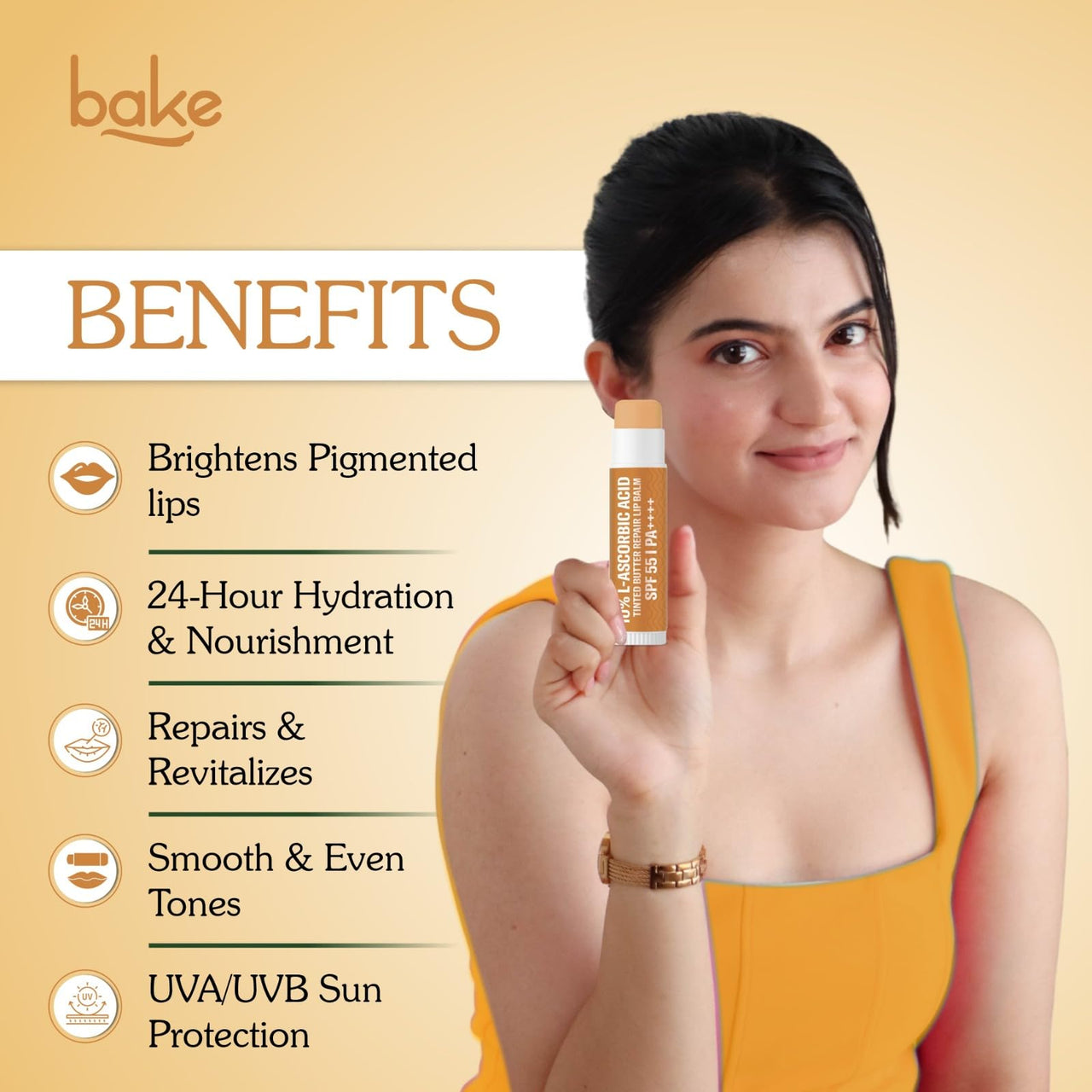 BAKE 10% L-Ascorbic Acid Tinted Butter Brightening Lip Balm SPF 55 PA++++ with Kojic Acid 24 Hour Moisturization | For Dark, Pigmented, Dry & Chapped Lips | De-Tan Lip Balm | For Men & Women - 5g