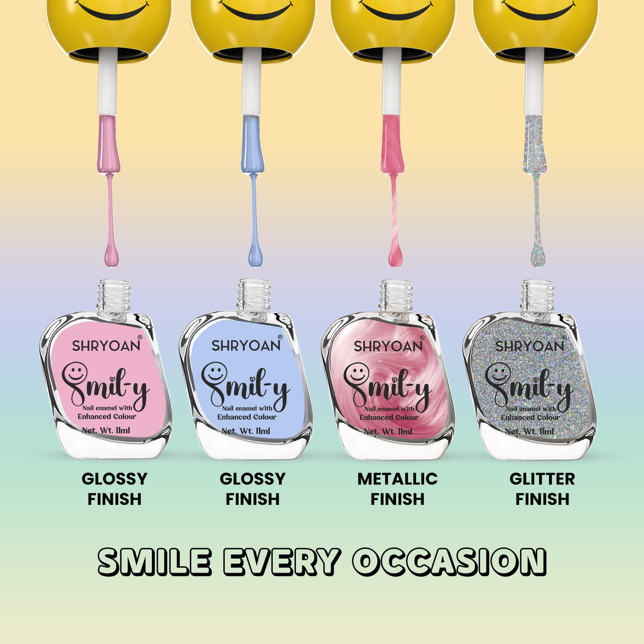 Shryoan Smil-y Glossy Nail Enamel With Enhanced Colors | Long Lasting Nail Polish | With Nail Polish Remover | Shade- Glitter Fusion | Set of 3 | 11ml Each
