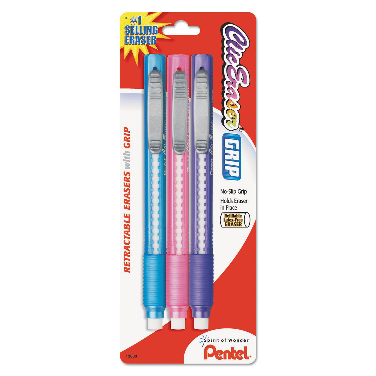 Pentel Clic Eraser Grip Retractable Eraser with Grip Fashion Barrel Colors 3-Pk