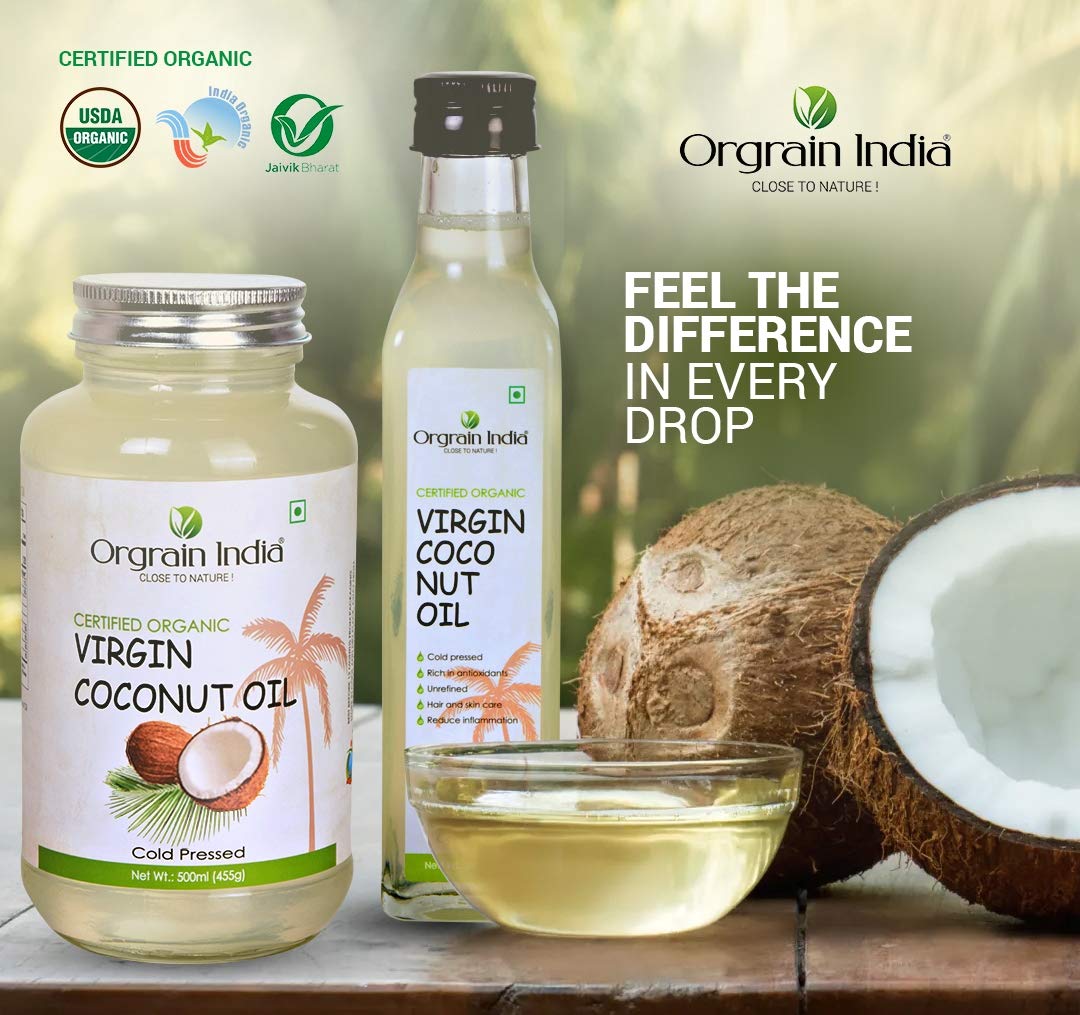 Orgrain India Certified Organic Raw Cold Pressed Extra Virgin Coconut Oil | Unrefined, Zero Heat Process, Supports Immunity, Hair & Skin, Massage, 100% Edible with Rich Tropical (250ml)