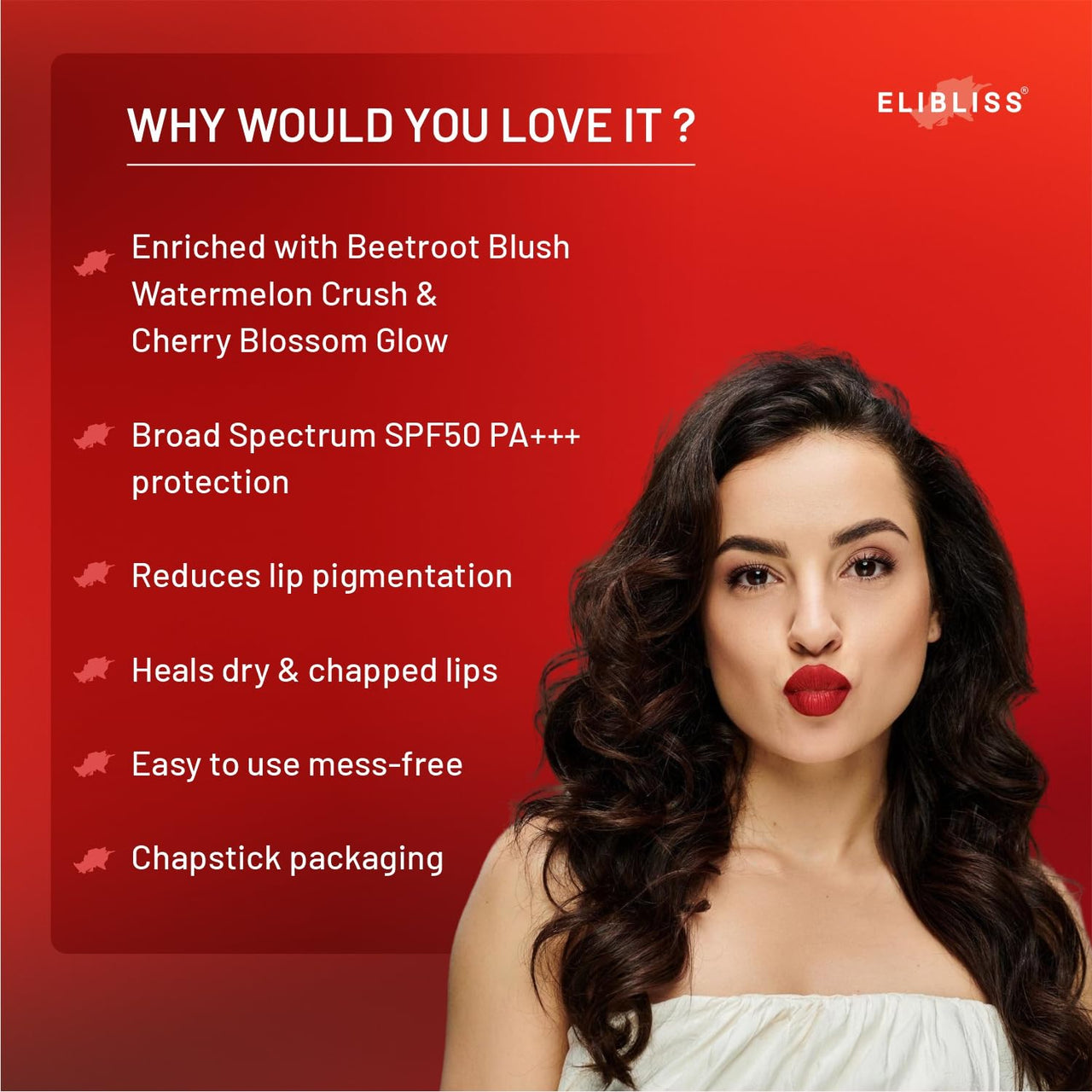 Elibliss Luscious 3 in 1 Tinted Lip Balm 5g Each | SPF 50 PA+++ | Beetroot Blush, Watermelon Crush, Cherry Blossom Glow | Enriched with Shea, Cocoa & Mango Butter | Smooth, Soft Naturally Tinted Lips
