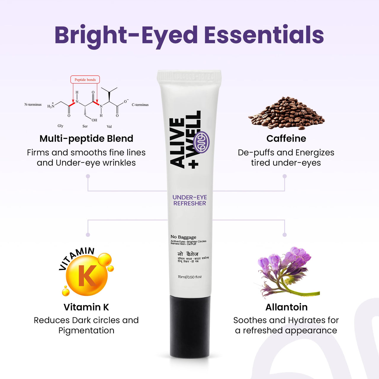 Alive + Well No Baggage Under Eye Cream Gel, with Caffiene and Tripeptides, Crafted By Dermatologists for Dark Circle Removal, Puffiness & Crows Feet with Built-in Cooling Massage Applicator - 15ml