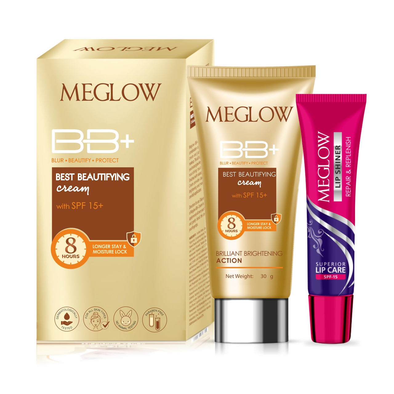 Meglow Beauty BB+ Cream (30g) with SPF 15 Brightening, Moisturizing and Instant Complexion Enhancement and Enriched with Natural Ingredients Meglow Lip Shiner (15g)- Combo Pack of 2