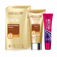 Meglow Beauty BB+ Cream (30g) with SPF 15 Brightening, Moisturizing and Instant Complexion Enhancement and Enriched with Natural Ingredients Meglow Lip Shiner (15g)- Combo Pack of 2