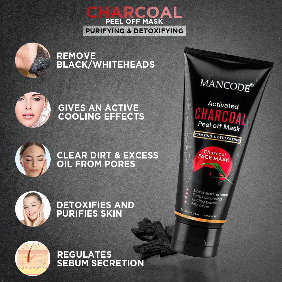 Mancode Activated Charcoal Peel Off Mask For Men, Charcoal Peel Off Mask For Women, Face Mask For Men, Charcoal Face Mask, Active Cooling Effect, Deep Skin Purifying Cleansing (100 ml)