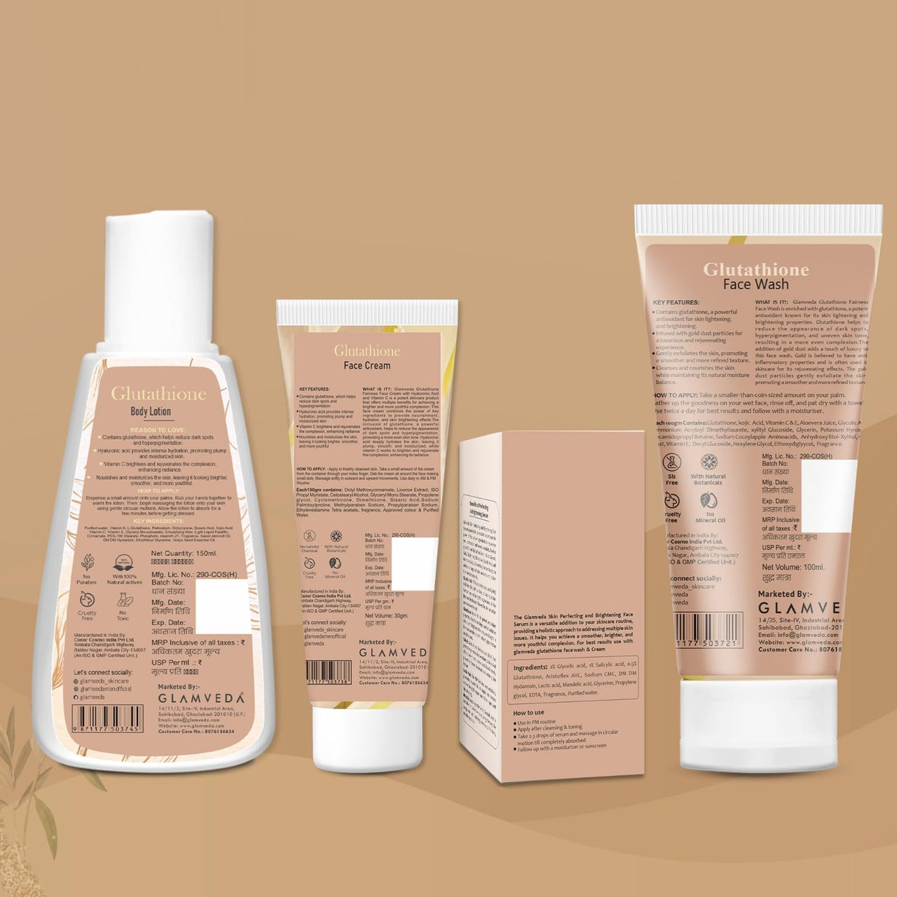 Glamveda Glutathione Skin Perfecting Brightening & Dark Spots Removal 4 Steps Skincare Routine ( Face Wash + Face Cream + Face Serum + Body Lotion )