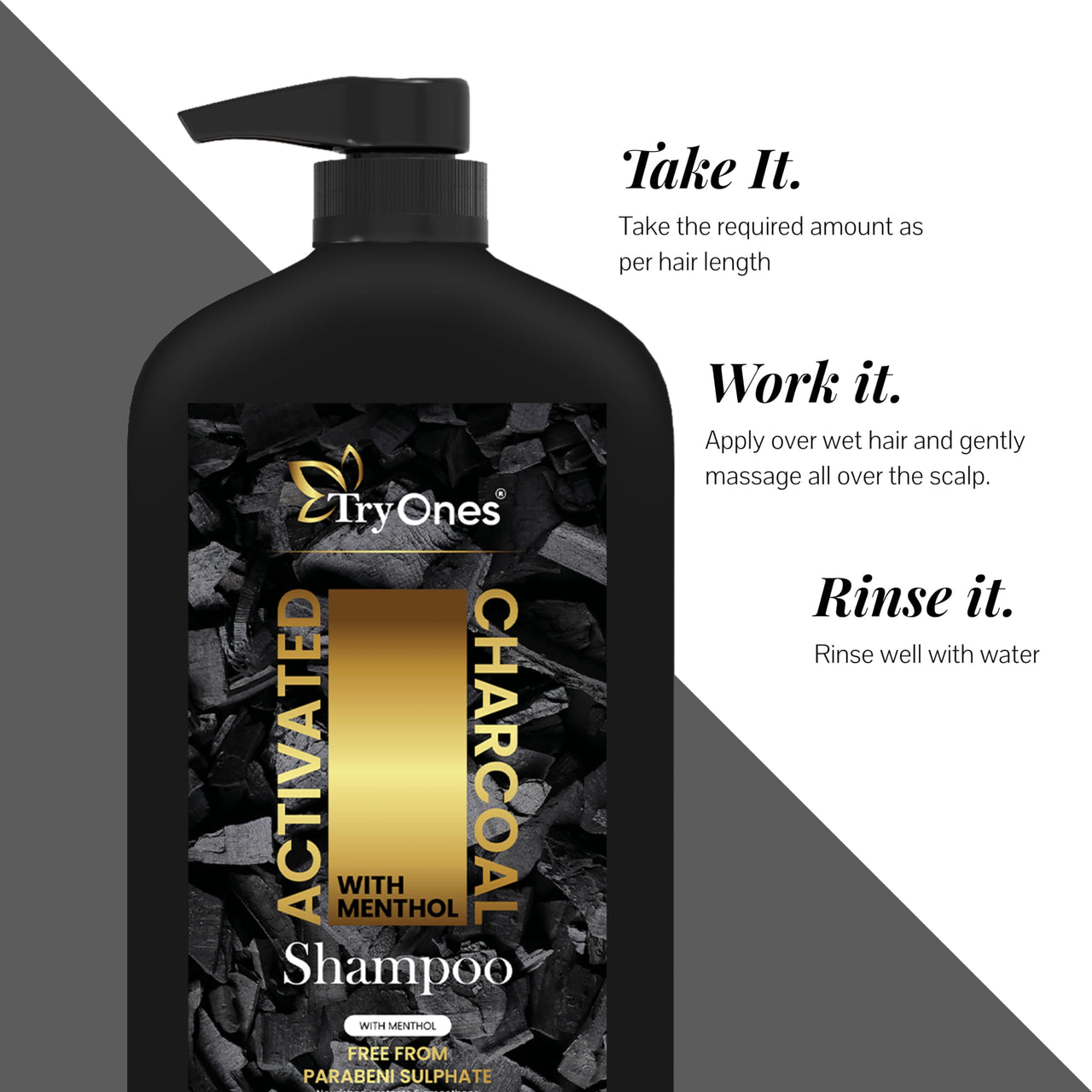 TryOnes Activated Charcoal Hair Shampoo for Men & Women with Keratin (No Sulphate, Parabens or Silicons), Eliminate Dandruff, Improve Hair Growth_1000 ml