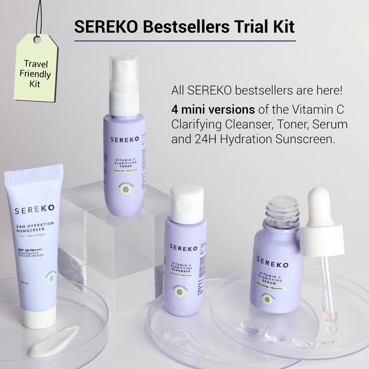 Sereko Bestseller’s Skincare Trial Kit | Vitamin C, Niacinamide & Cica | Brightening & Hydrating Set for Women & Men | Pack of 4 | Self-Care For Glowing Skin | Travel & Pocket Friendly