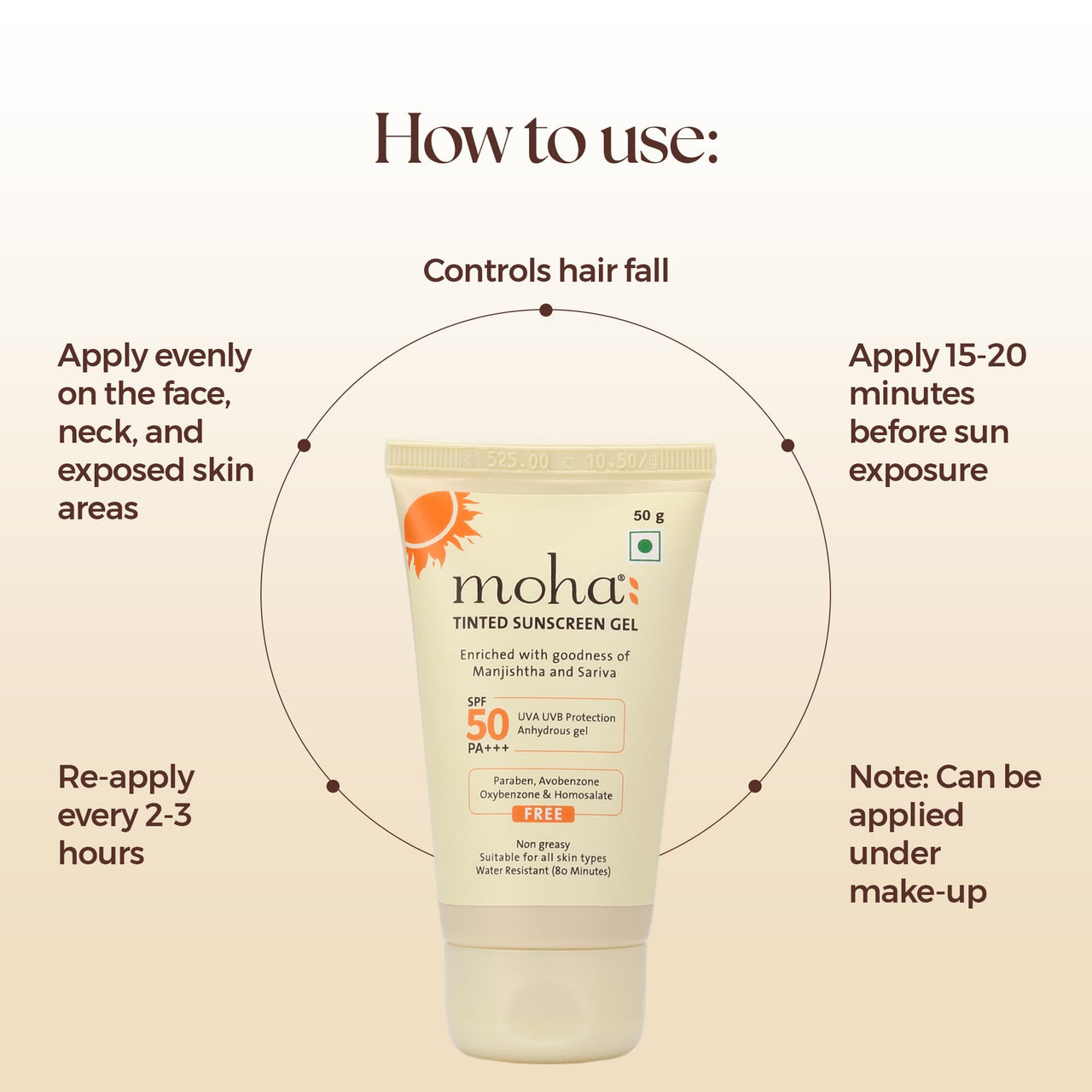 moha: Tinted Sunscreen Gel SPF 50 +++ | Matte, Oil-Free, Water-Resistant & Lightweight | No White Cast, Broad Spectrum Protection (50g)
