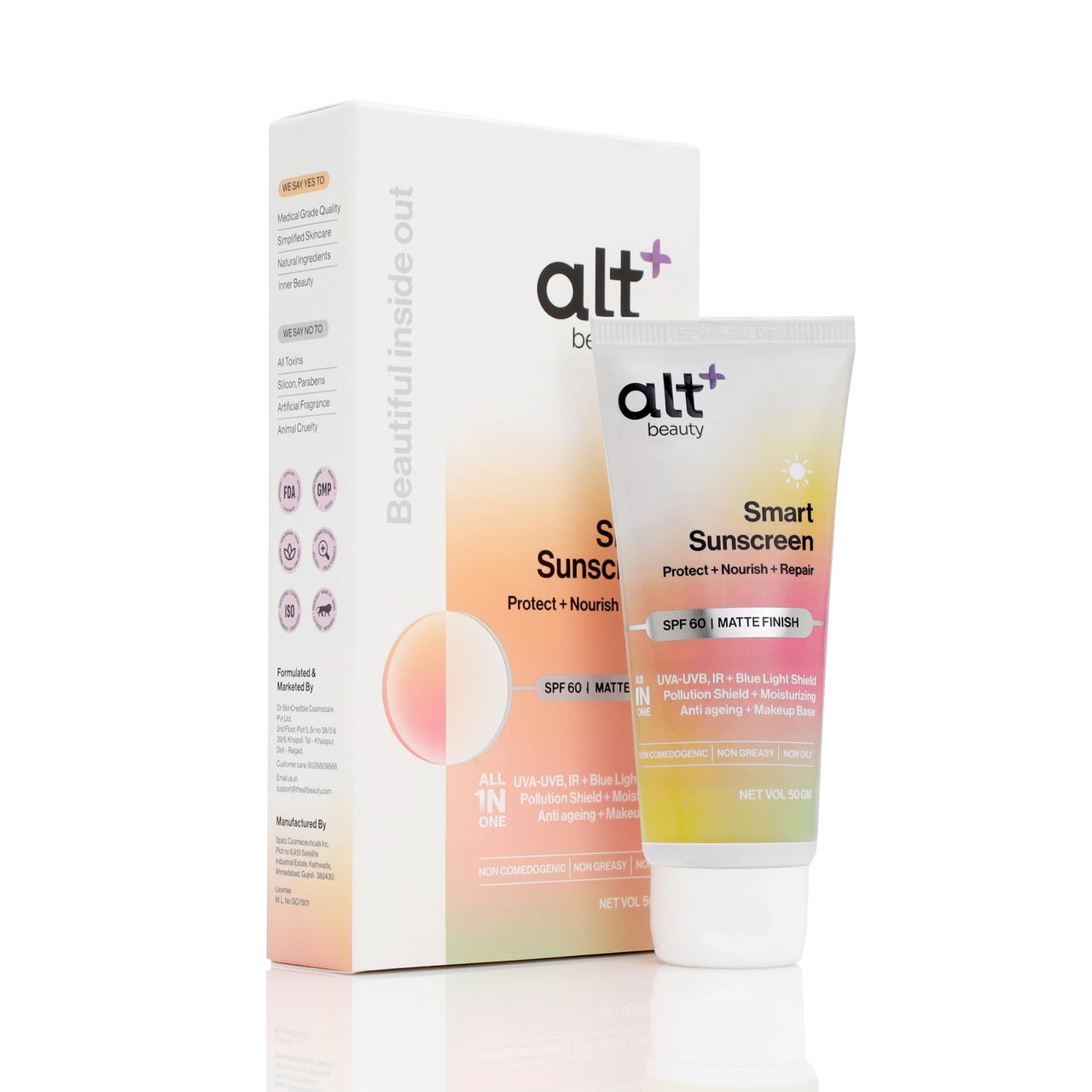 altBeauty Smart Sunscreen - 100% Mineral sunscreen SPF 60 + Moisturizer with Vitamin C, Hyluronic acid, Niacinamide | Water & Sweat Resistant, Protects from IR, Blue Light, Pollution | Antiaging, Makeup Base| Derma Grade Quality- 50gm