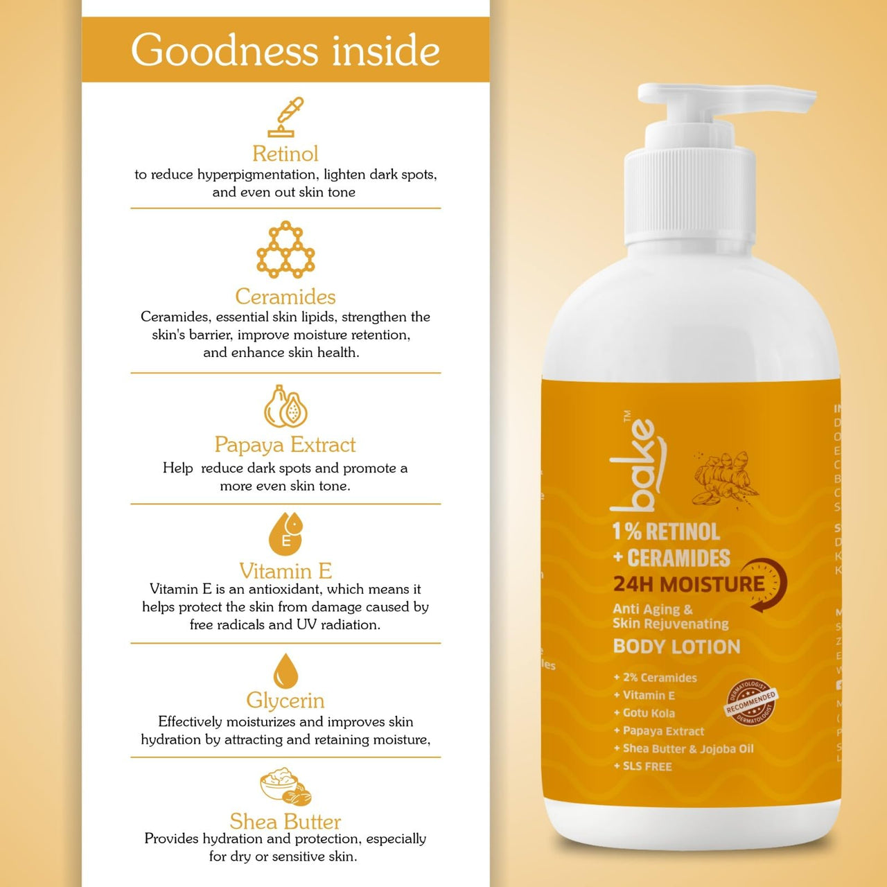 BAKE 1% Retinol + Ceramide Body Lotion For Dry, Aging Skin | Reduce Fine Lines & Wrinkles, Skin Tightening & Boosts Collagen Production | For Women & Men | 200Ml