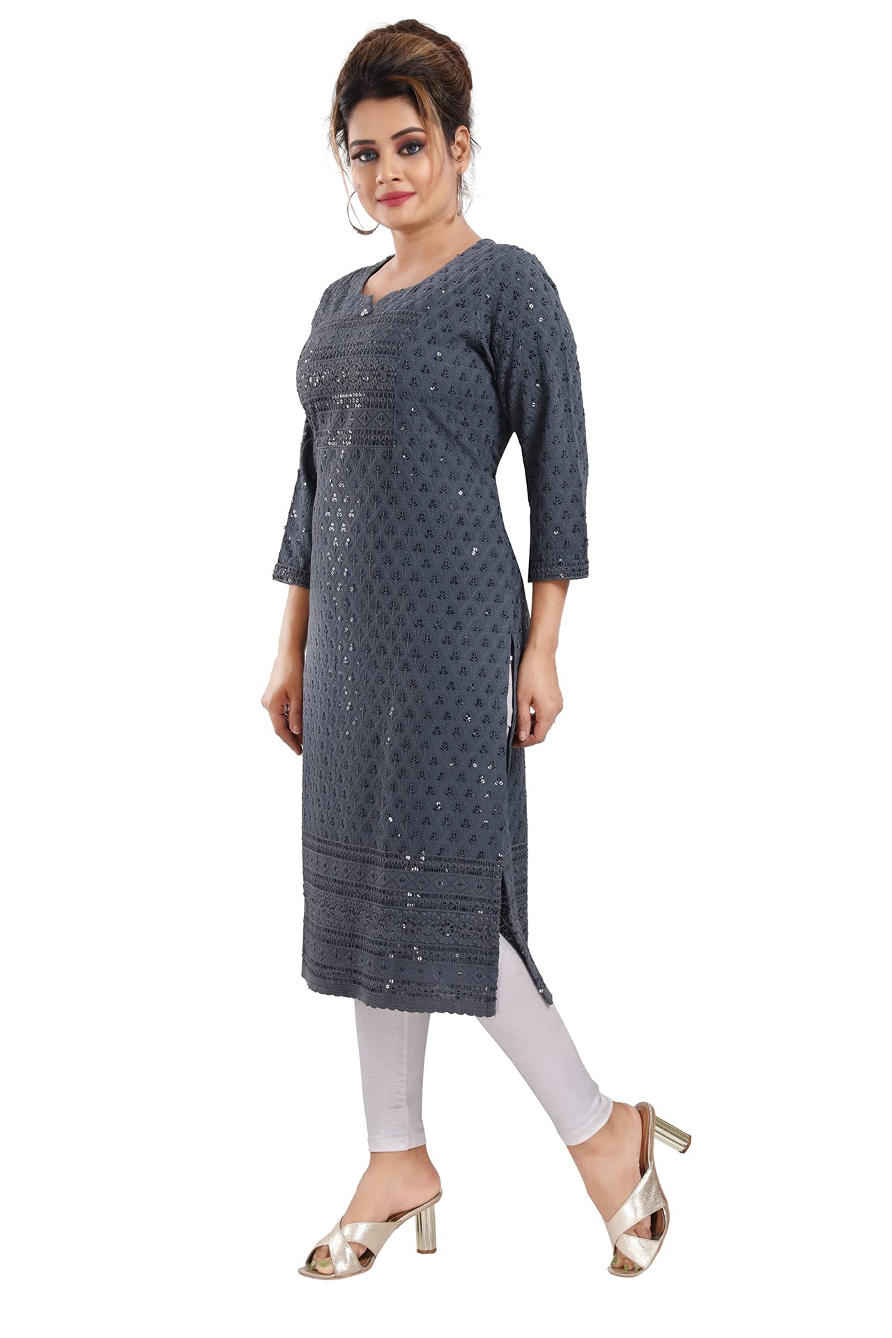 QUEEN SHIELD Women's  Knee Length Rayon Chikan-Kari KurtaKurti (QS_6631)