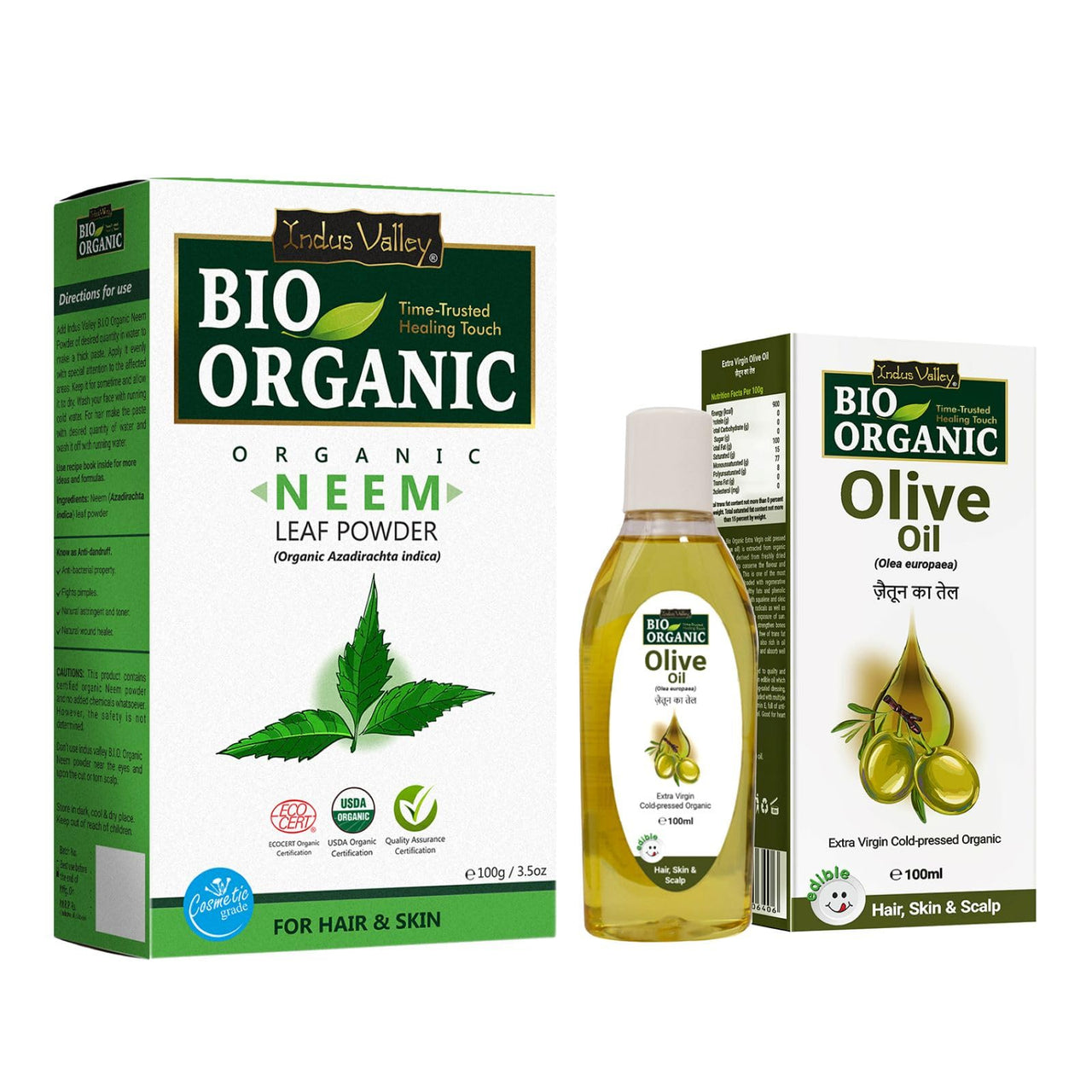 INDUS VALLEY Neem Leaf Powder | Organic Azadirachta indica 100% Pure, Organic and Natural With Extra Virgin Olive Oil For Skin & Hair Care & Massage (100g+ 100ml)