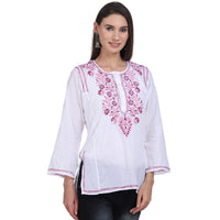 Paramount Women's  Chikankari Cotton White Straight Short Kurta Navy XS