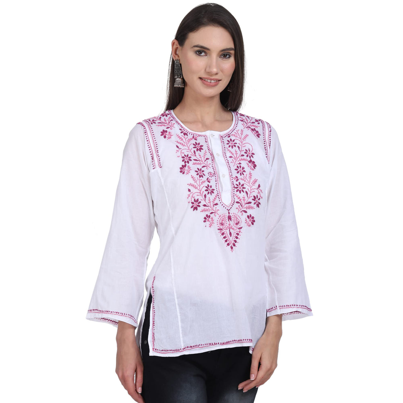 Paramount Women's  Chikankari Cotton White Straight Short Kurta Navy XS