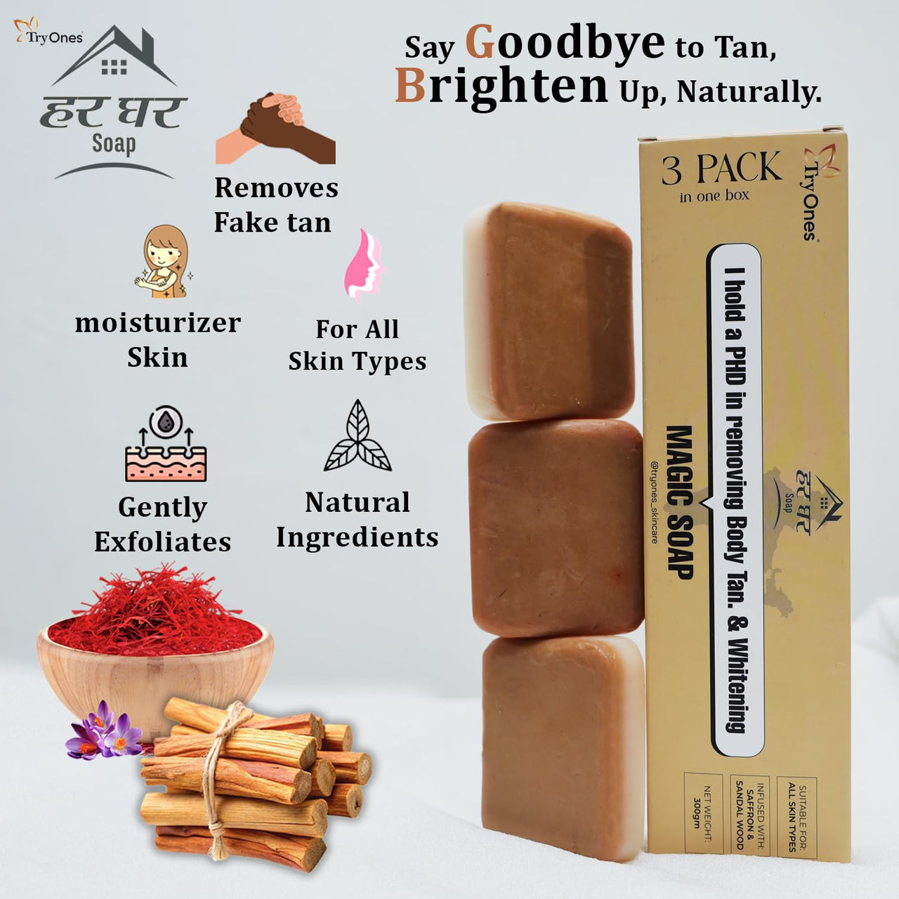 HarGhar Soap Sandalwood & Saffron Magic Soaps For Bath (300 Gms Pack Of 3) | Paraben Free | Chandan & Kesar Bath Soap | Handmade Soaps For Glowing | Skin Brightening Soap For Men & Women