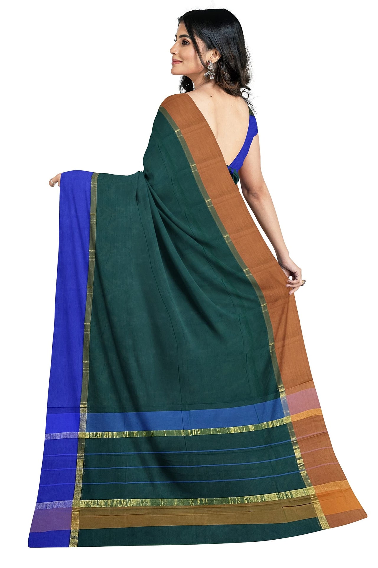 SENSAN Women’s Handloom Kanchi Cotton Saree with Blouse Piece [SKU:430] Light Beige×Navy Blue