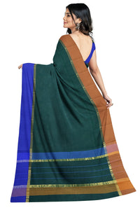SENSAN Women’s Handloom Kanchi Cotton Saree with Blouse Piece [SKU:430] Light Beige×Navy Blue