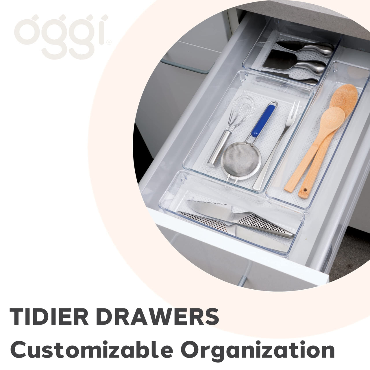Oggi Set of 3 Clear Drawer Organizers - (1) 6x6.25, (1) 6.25x9.25, (1) 6.25x15.75 - Ideal for Organizing Kitchen Drawers, Office, Desk, Silverware, Kitchen Utensils, Cosmetics and Bathrooms