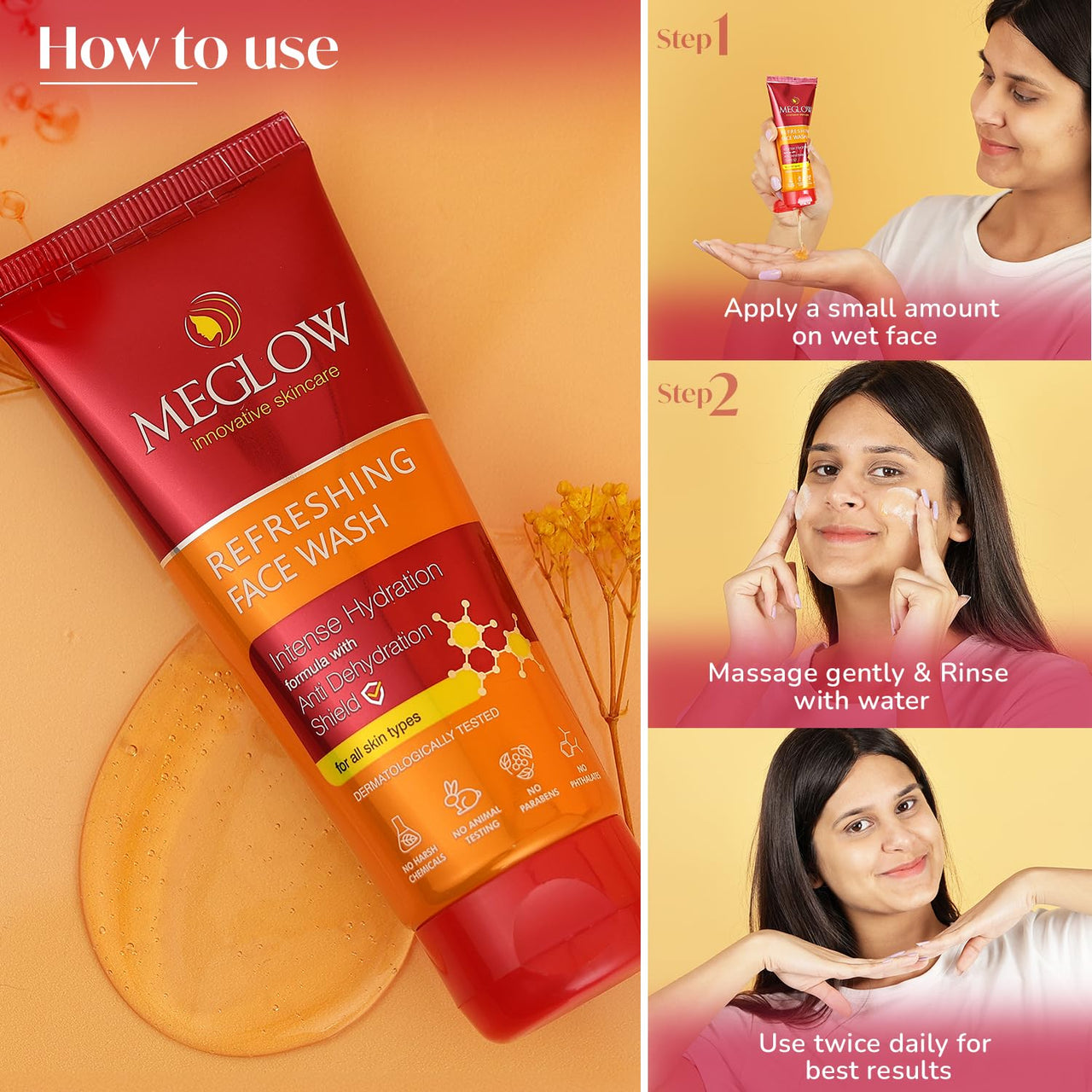 Meglow Refreshing & Rejuvenating Face Wash Pack of 2 (70g Each) with Anti Dehydration Shield|Soap Free Face Wash for All Skin Types |Helps to Make Skin Soft, Supple & Fresh (Unisex)