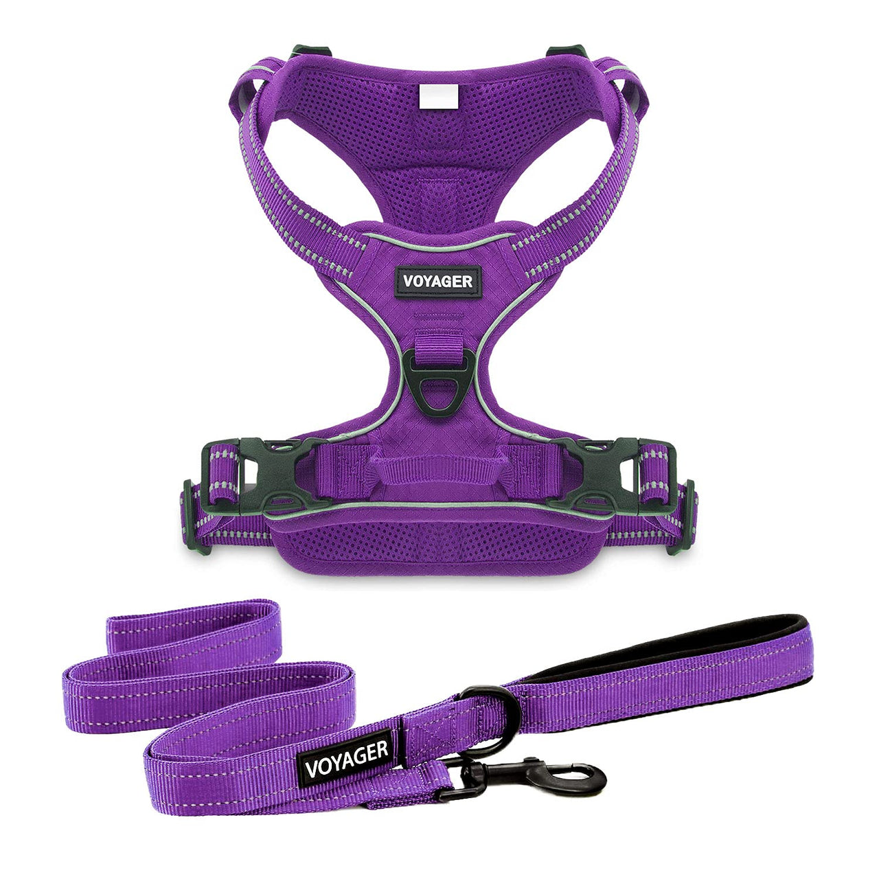 Voyager Dog Harness Dual Leash Attachment No-Pull Control Adjustable Soft but Strong Pet Harness for Medium and Large Dogs with 3M Reflective Technology - Harness Leash Set (Purple Lattice), M M (Chest: 20 - 25") Harness Leash Set (Purple Nylon)
