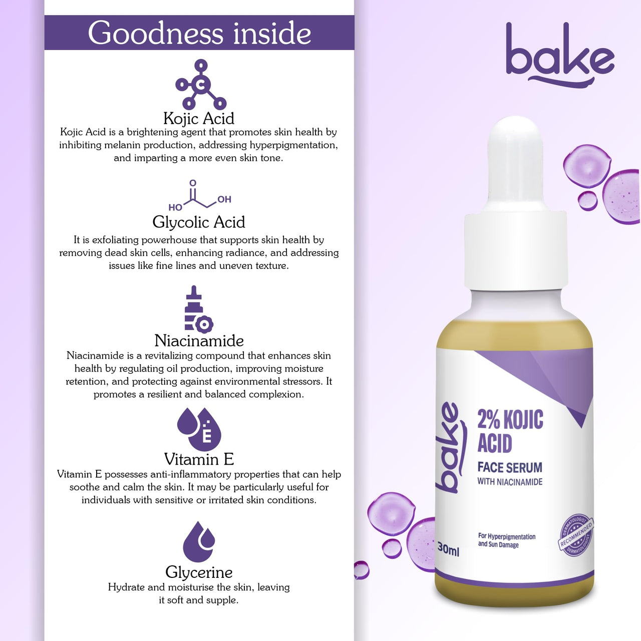 BAKE 2% Kojic Acid Face Serum with 5% Niacinamide & 2% Glycolic Acid for Pigmentation & Dark Spots | For Dark Circles, Tan Removal & Sun Damaged Skin | Skin Brightening & Glowing | 30ml