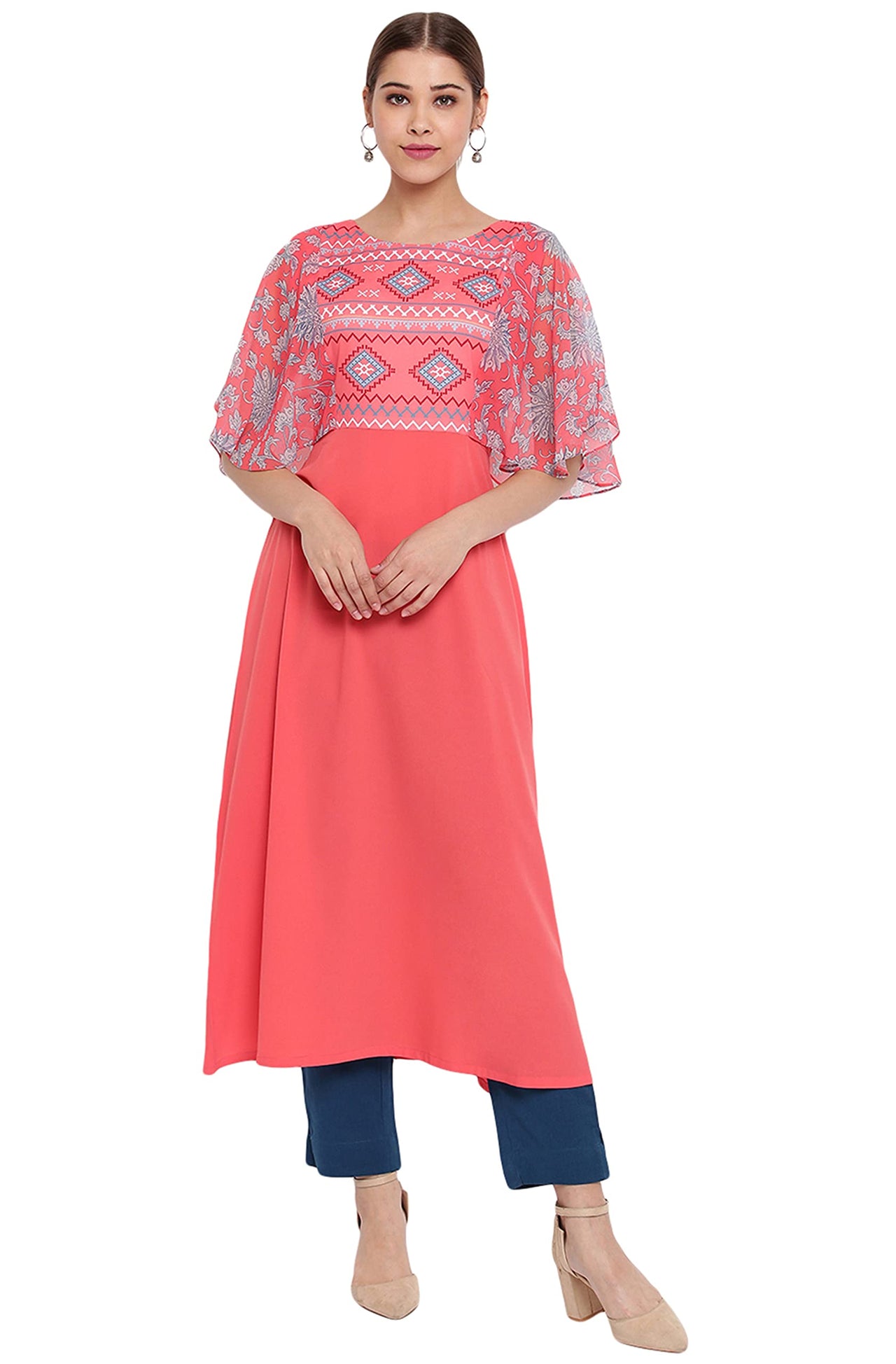 Janasya Women's  Coral Poly Crepe Kurta