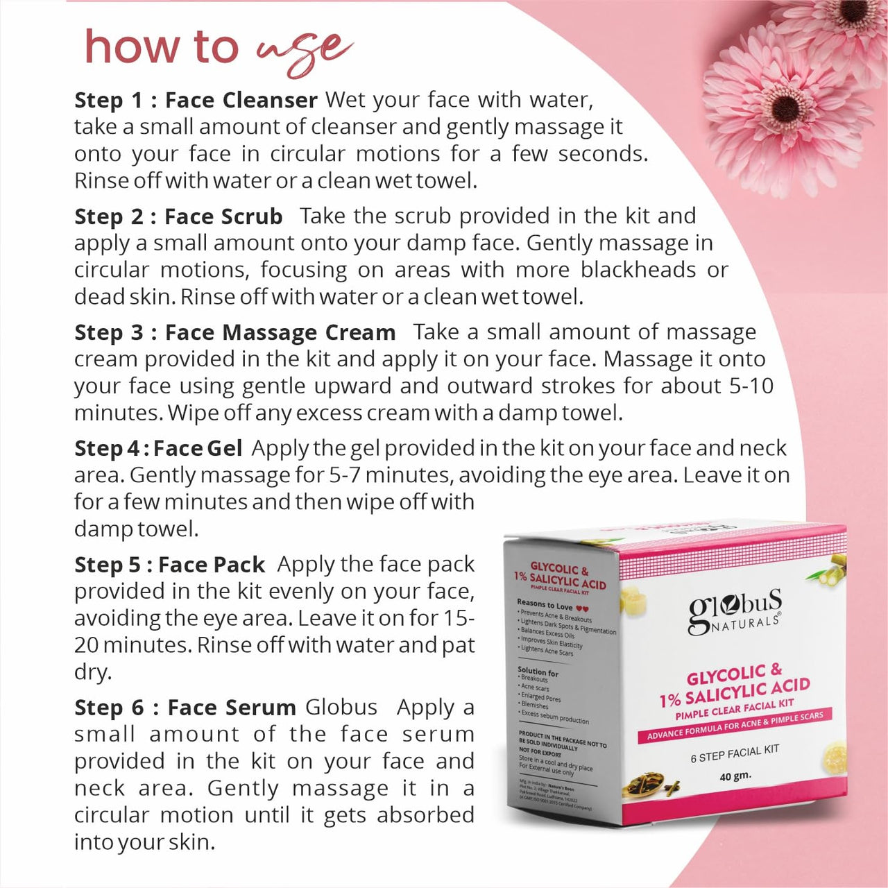 Globus Naturals Glycolic & 1% Salicylic Acid Face Wash & Facial Kit Combo, Anti Acne & Oil Control Formula, For Normal to Oily Skin