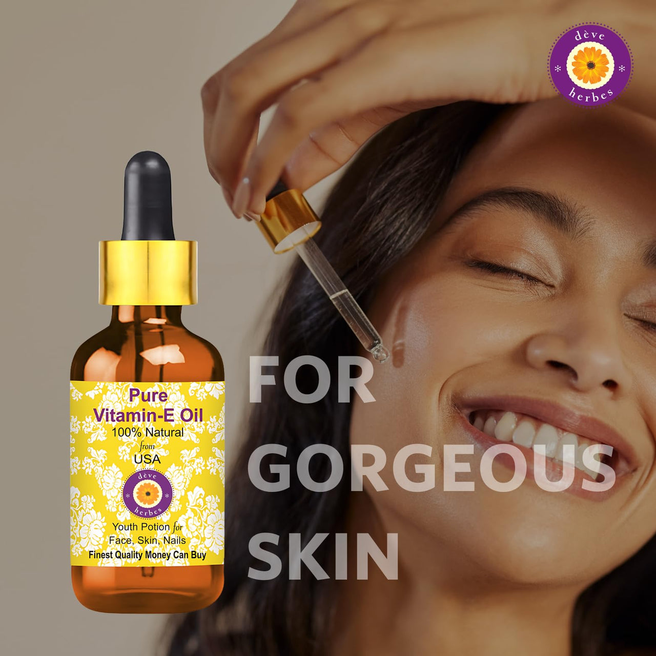 Deve Herbes Vitamin E Oil with Glass Dropper for Healthy Skin, Hair & Nails | Pure | Non-Sticky | Non-greasy | Lightweight | All Skin Types | Men and Women 100ml