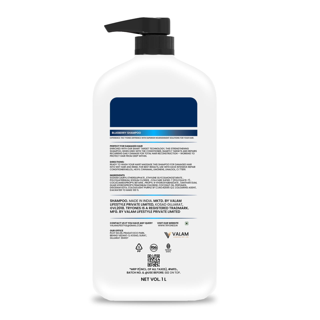 TryOnes Strong Shampoo - 1000 ml | For Damage Repair and Weak Hair, rich with Blue Berry extract, Helps with itching, irritation | Paraben Free Shampoo