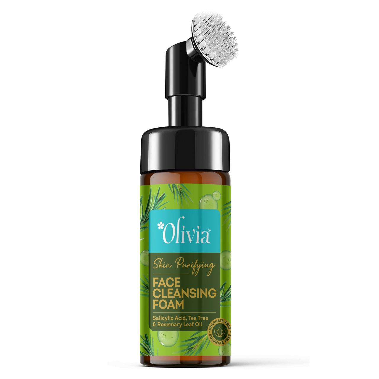 Olivia Skin Purifying Face Cleansing Foam, Built In Brush Face Wash For Deep Cleansing, Massage, Exfoliate, Glowing Bright Skin With 0.5% Salisylic Acid, Tea Tree, & Rosemarry Leaf Oil - 150Ml