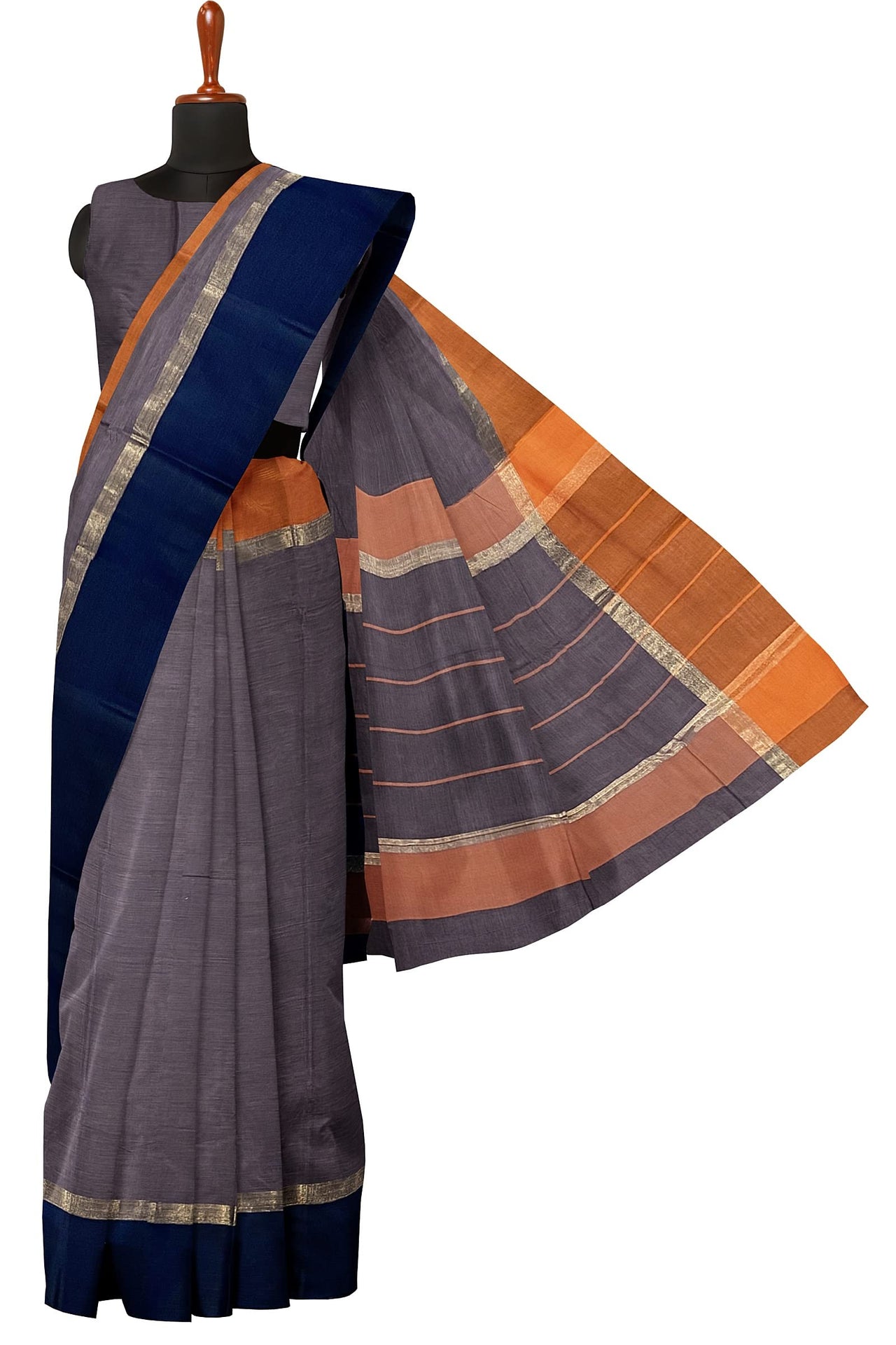 SENSAN Women’s Handloom Kanchi Cotton Saree with Blouse Piece [SKU:430] Light Beige×Navy Blue