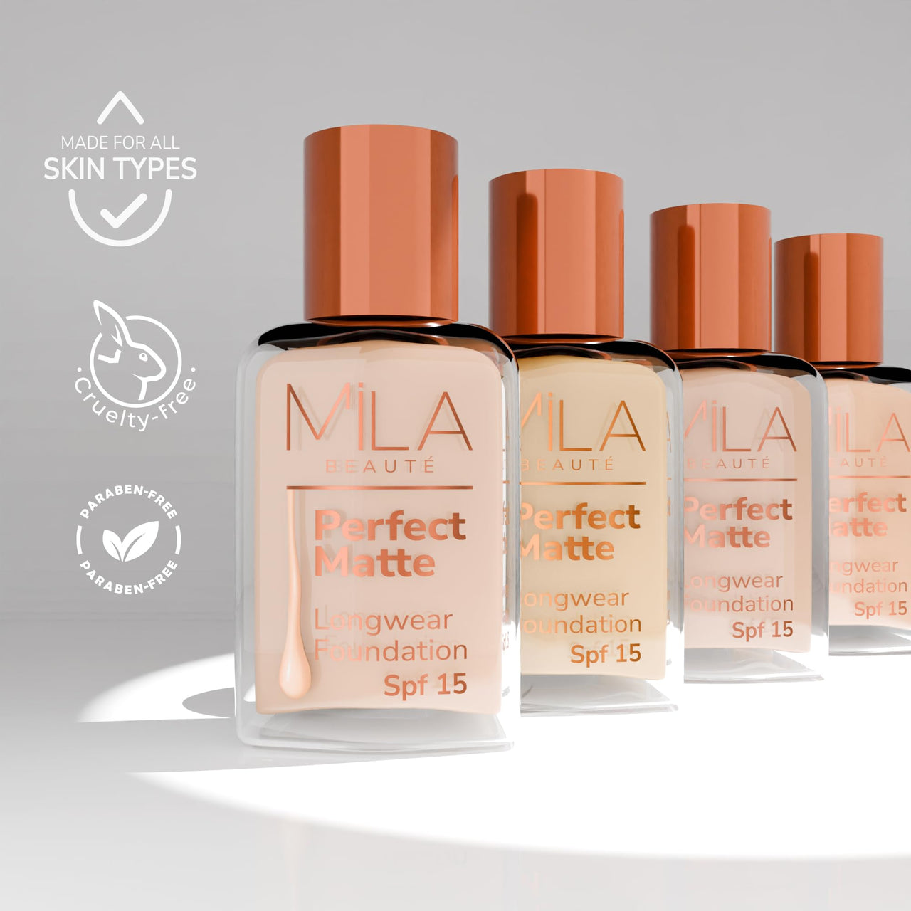 Mila Beauté Perfect Matte Long Wear Foundation | High Coverage, Light Weight & Water Resistant I Oil Free Formula With SPF 15 & Vitamin E | Smooth Matte Finish | Keeps Skin Hydrated | Shade - (4 Skin, 30ml)
