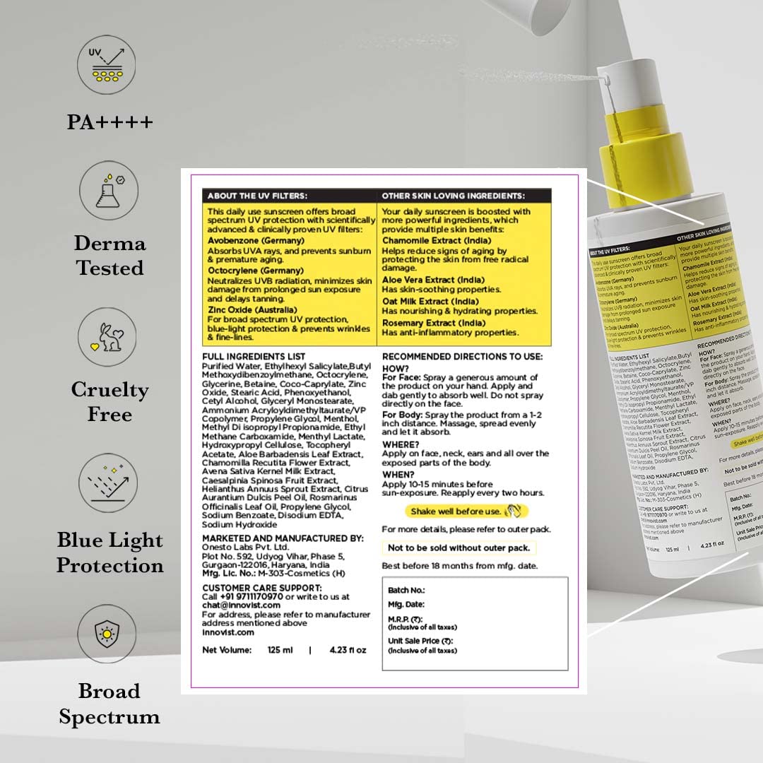 SunScoop Hydrating Face & Body Fluid Sunscreen Spray SPF 60 PA++++ | Water Resistant With Zinc Oxide, Broad Spectrum, No White Cast, Non-Comedogenic Quick Absorbing | For Men & Women-125ml(Pack of 2)