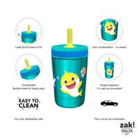 Zak Designs Baby Shark Kelso Tumbler Set, Leak-Proof Screw-On Lid with Straw, Bundle for Kids Includes Plastic and Stainless Steel Cups with Bonus Sipper (3pc Set, Non-BPA)15 fl oz. Classic