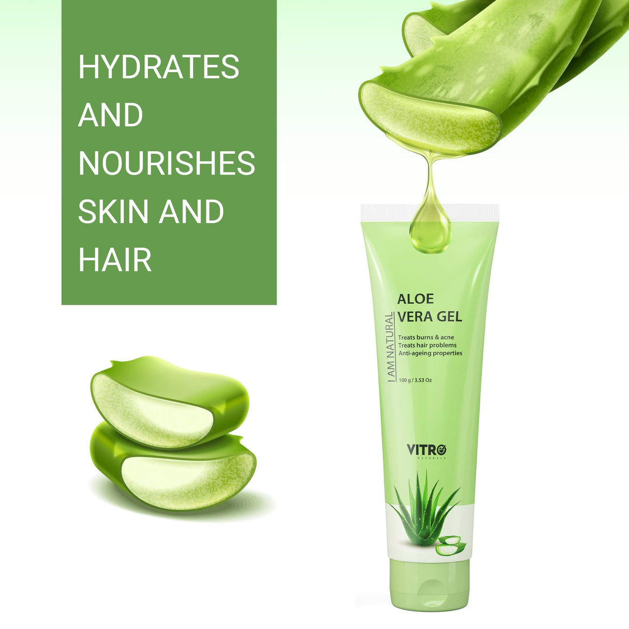 Vitro Aloe Vera Gel for Face, Skin and Hair - with Vitamin E, Rosemary Extract, Cucumber Extract and Aloe vera Juice - 100ml
