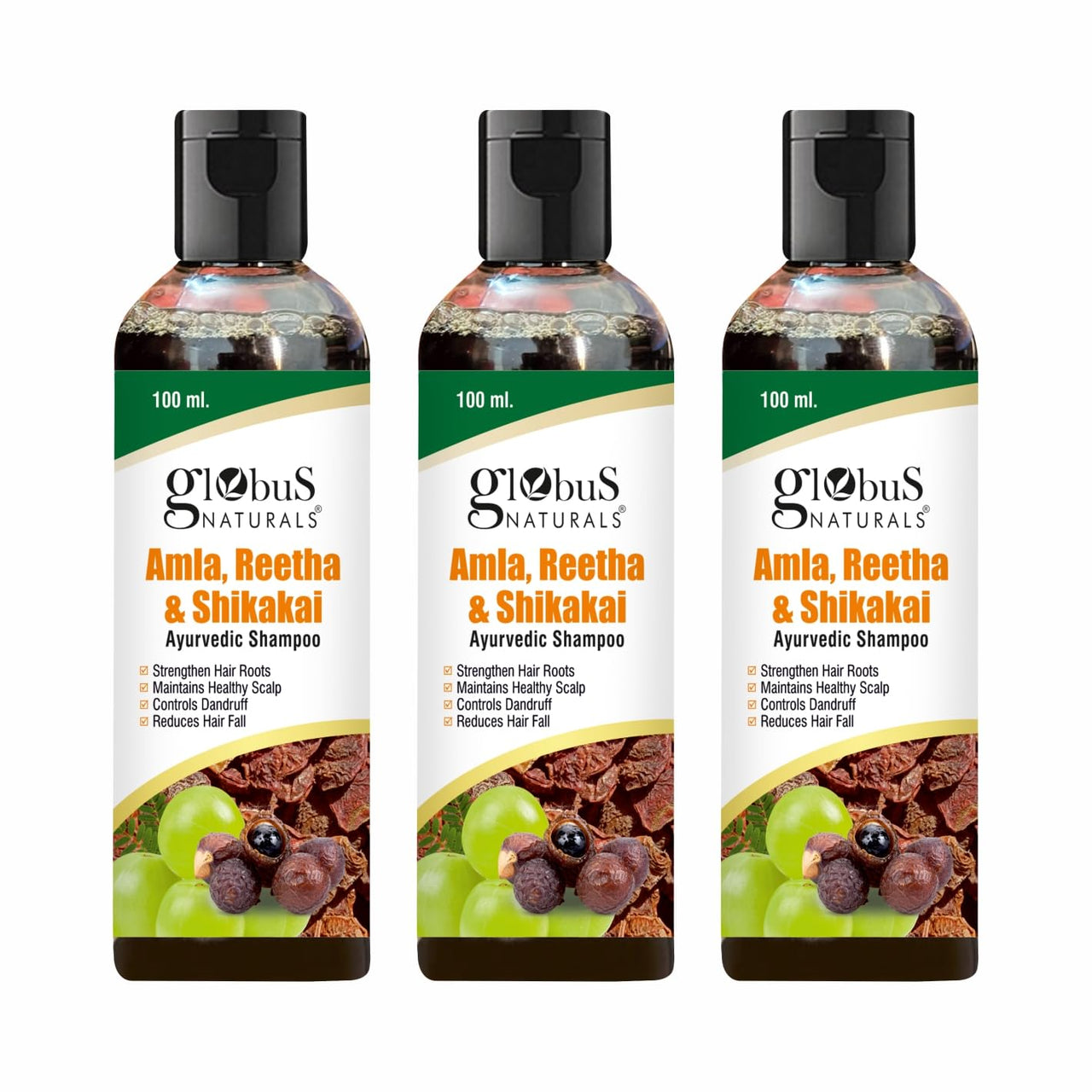 Globus Naturals Amla Reetha Shikakai Shampoo - Natural & Mild Cleanser for Healthy Hair and Scalp, Suitable for All Types, Set of 3, 100 ml