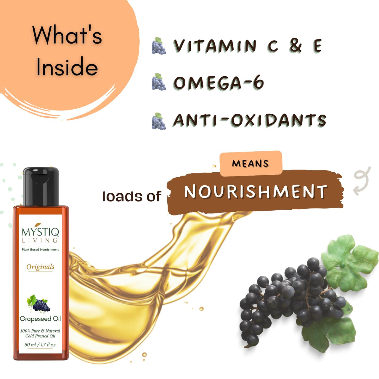 Mystiq Living Grapeseed Oil for Hair and Skin, Anti Ageing, Glowing Skin, Acne, Pimple - 50 ML | Cold Pressed, 100% Pure & Natural