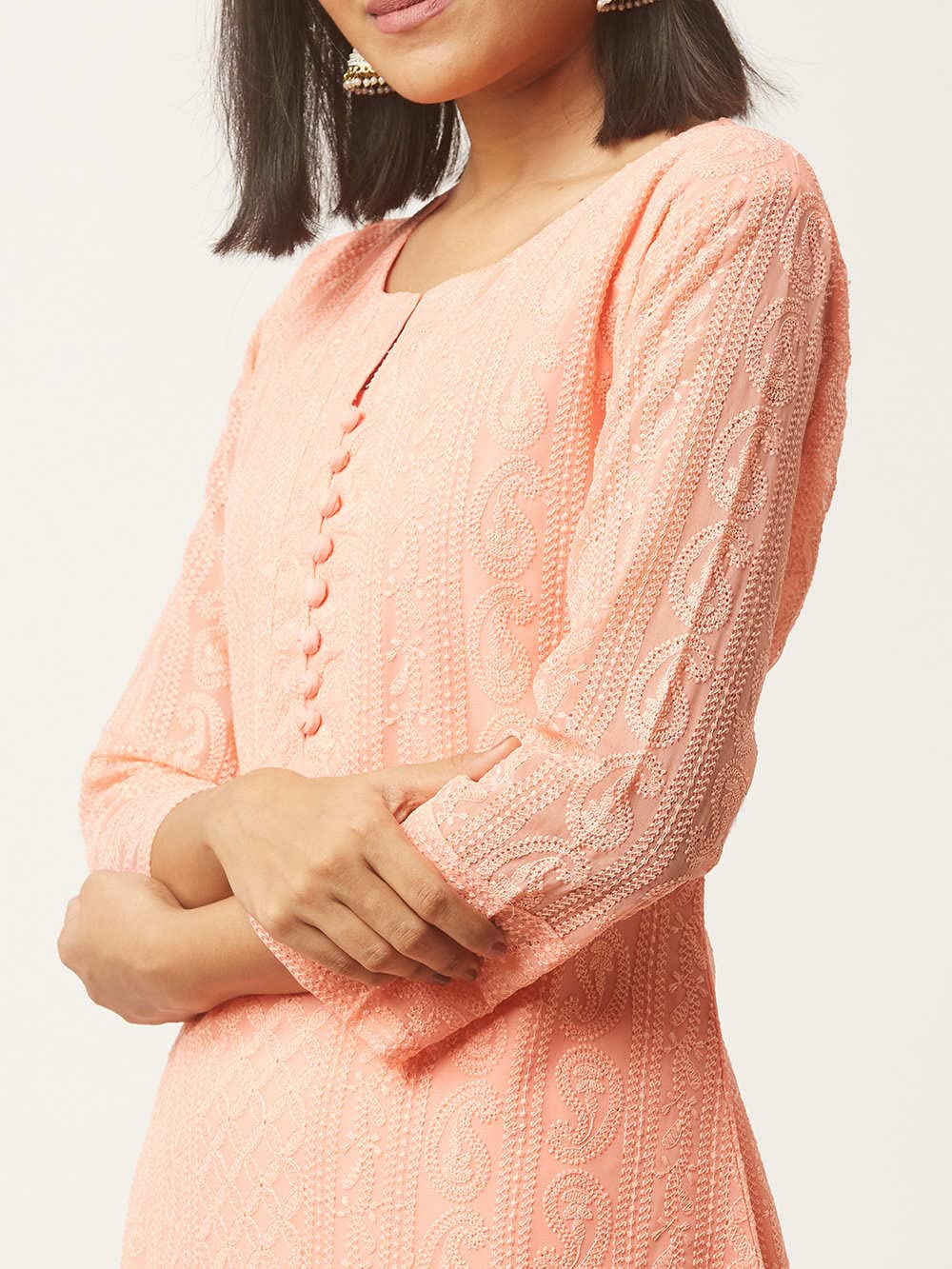 ZOLA Exclusive Georgette Round Neck with Full Sleeves and Calf Length Luckhnowi Chikan Kari Kurta with Button Placket on Yolk Ethnic Wear Straight Kurta for Women Pack of 1