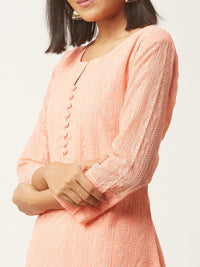 ZOLA Exclusive Georgette Round Neck with Full Sleeves and Calf Length Luckhnowi Chikan Kari Kurta with Button Placket on Yolk Ethnic Wear Straight Kurta for Women Pack of 1