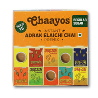 Chaayos Instant Tea Premix - Regular Sugar - Adrak Elaichi Chai (15 Sachets*22 gram=330 gram) | Ready Mix Assam Tea | Desi Chai | Flavoured Premix