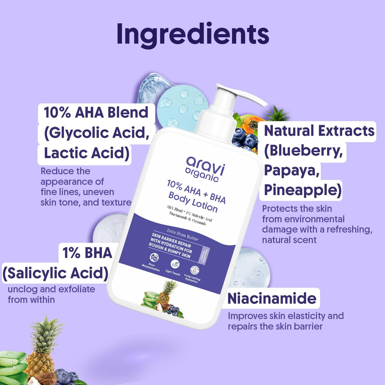 Aravi Organic 10% AHA + 1% BHA Body Lotion For Exfoliation - Treats Strawberry Legs & Bumpy Skin With Ceramide - Skin Britheninig Lotion With Niacinamide and Shea Butter - 200 ml
