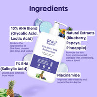 Aravi Organic 10% AHA + 1% BHA Body Lotion For Exfoliation - Treats Strawberry Legs & Bumpy Skin With Ceramide - Skin Britheninig Lotion With Niacinamide and Shea Butter - 200 ml